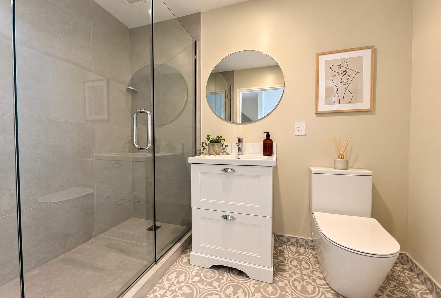 Modern Beige Bathroom with Patterned Tiles