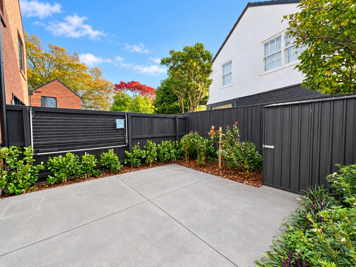 Modern Landscaped Courtyard Under Blue Skies