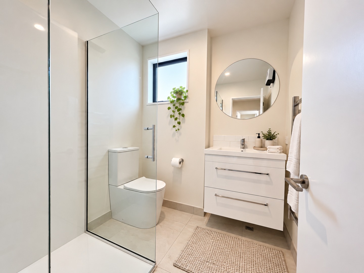 Bright Minimalist Bathroom with Woven Rug