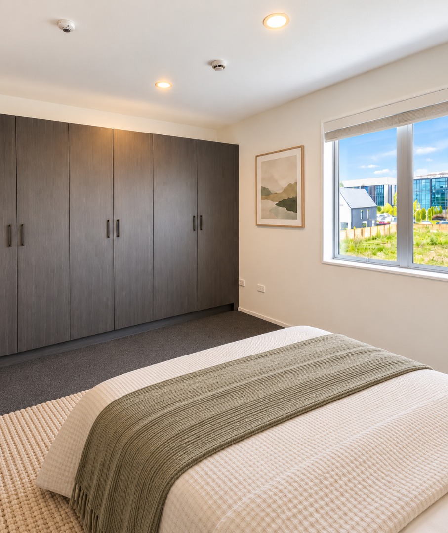 Modern Bedroom with Olive Throw and Window View