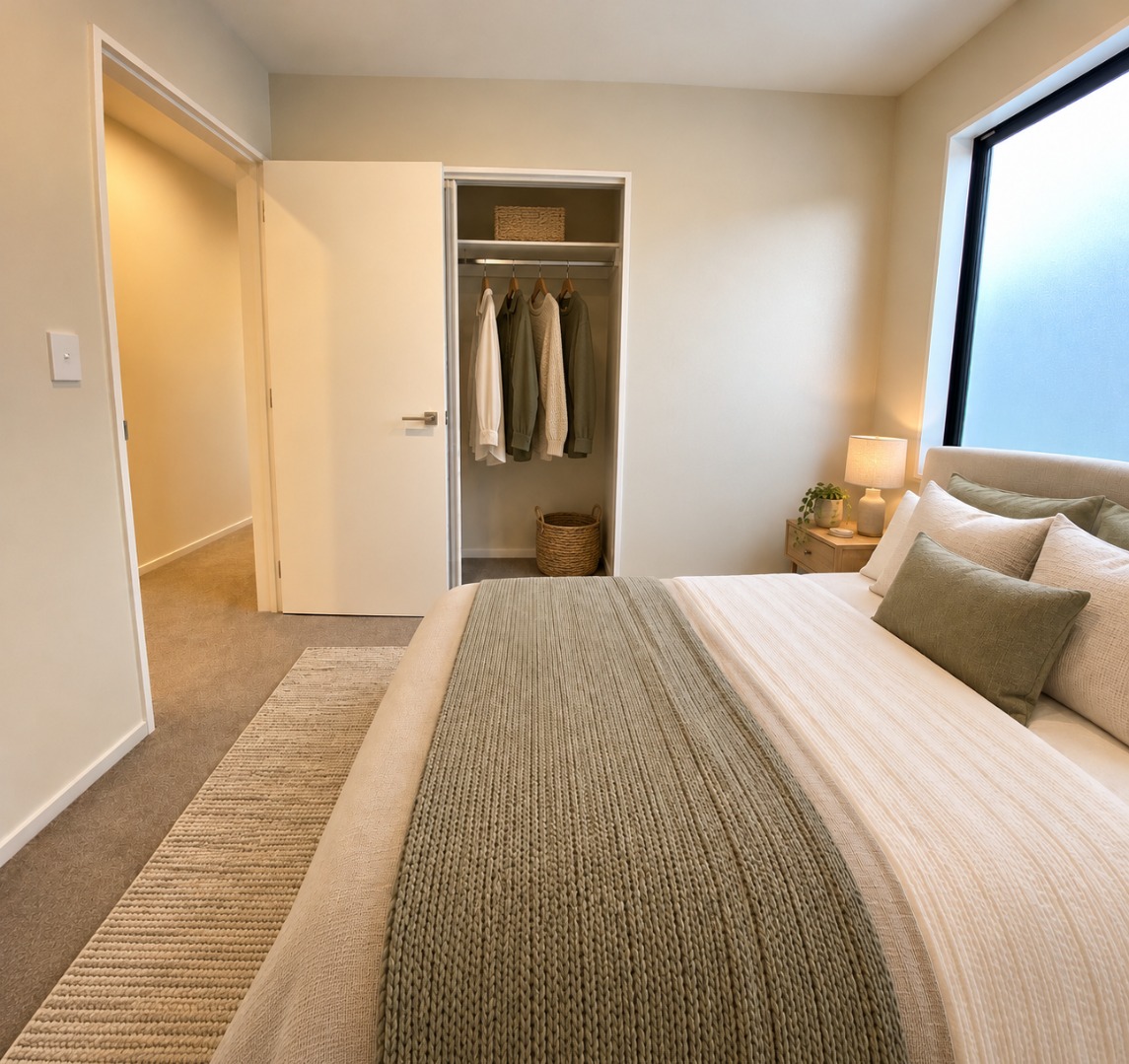 Serene Minimalist Bedroom with Open Closet