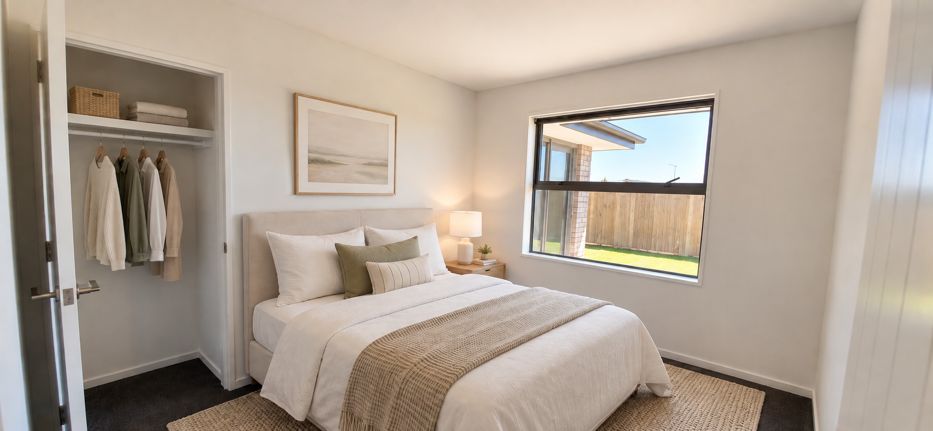 Bright Neutral Bedroom with Staged Closet