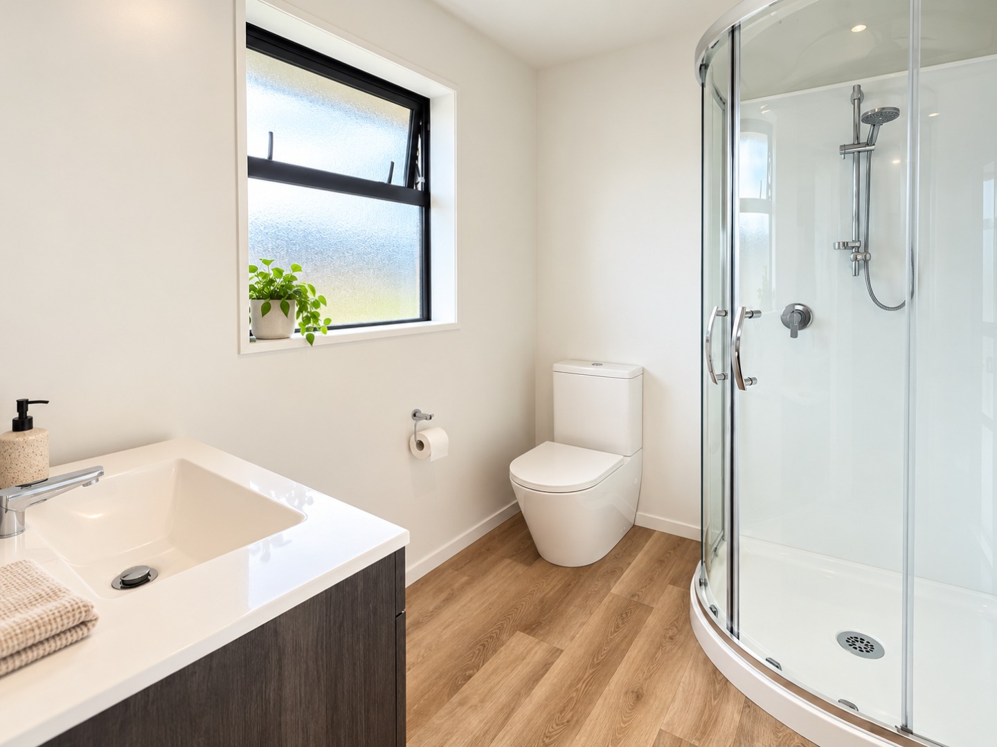 Bright Minimalist Bathroom with Curved Shower