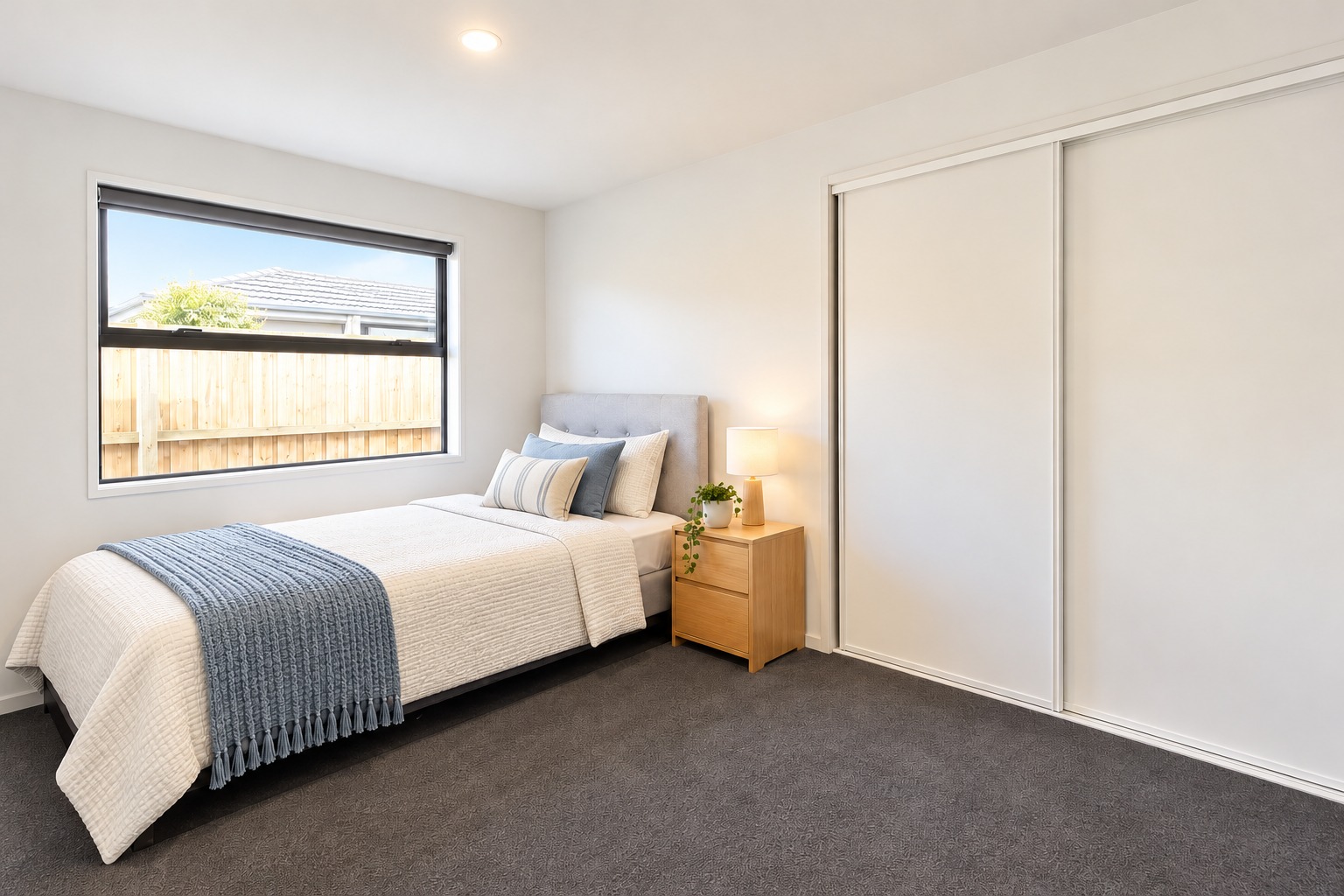 Warm Neutral and Dusty Blue Bedroom