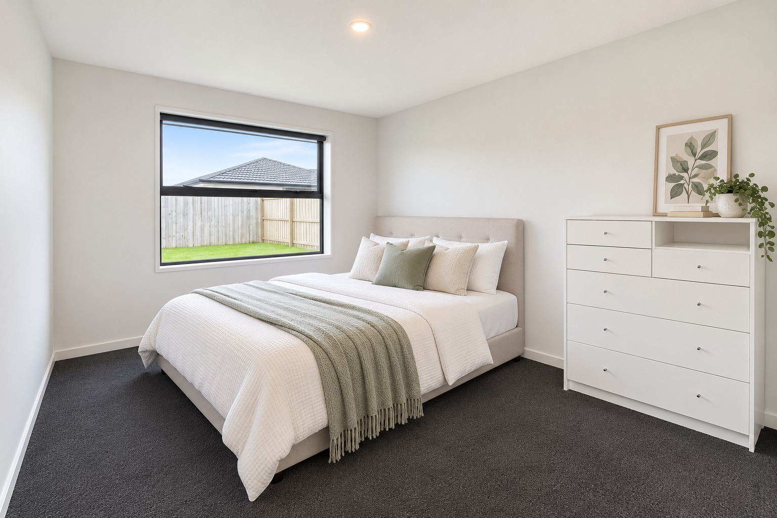 Modern Neutral Bedroom with Sage Accents