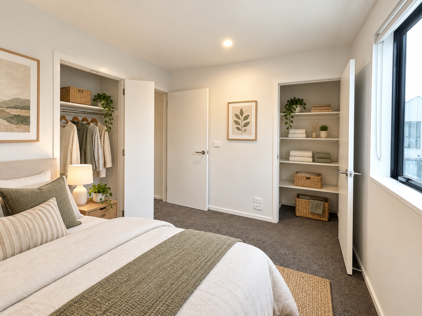 Cosy Minimalist Bedroom with Open Closets