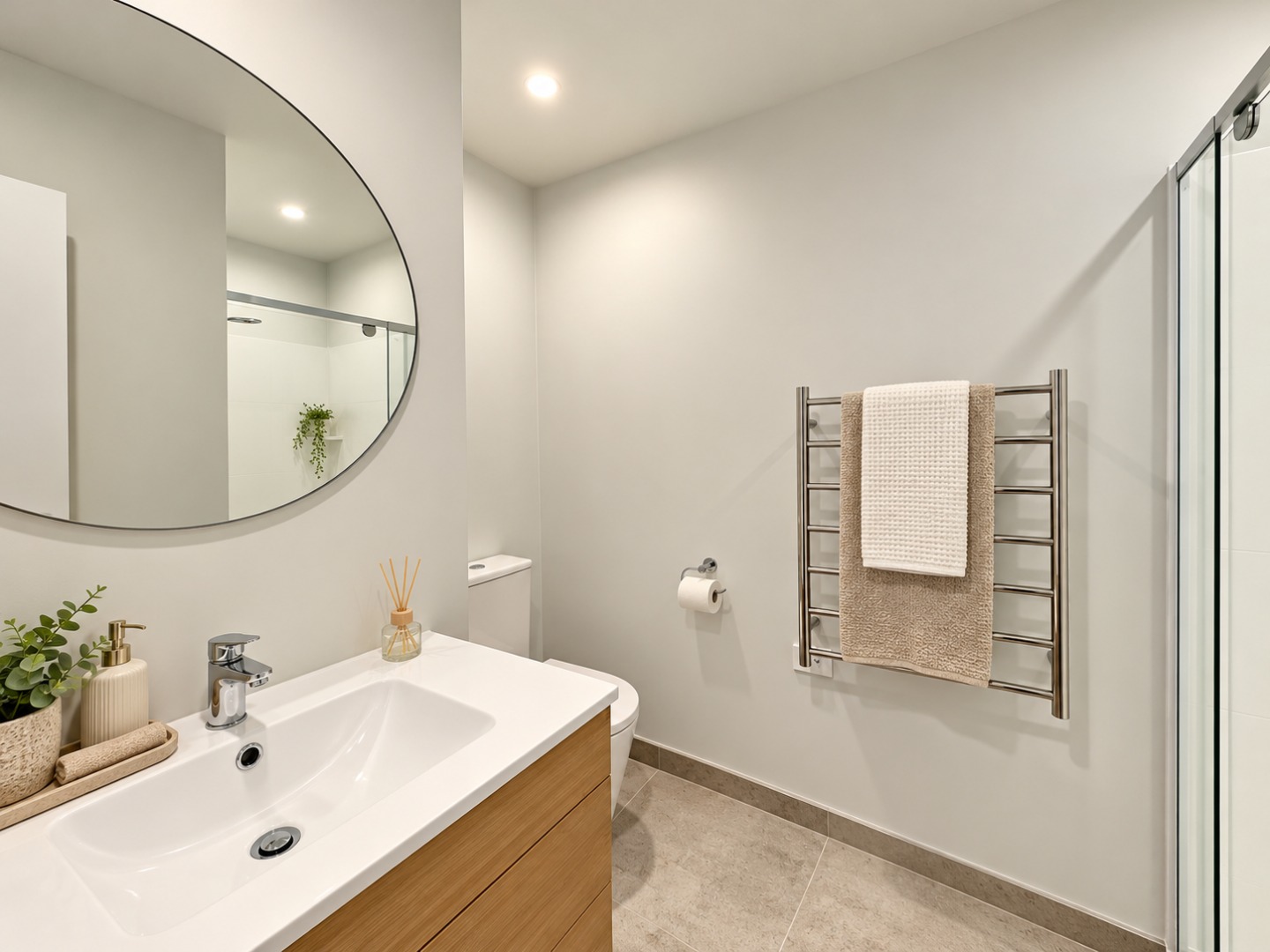 Warm Minimalist Ensuite Bathroom