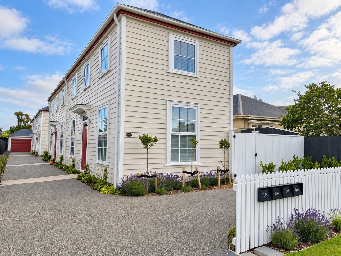 Crisp Townhouse Row with Lavender and Mailboxes