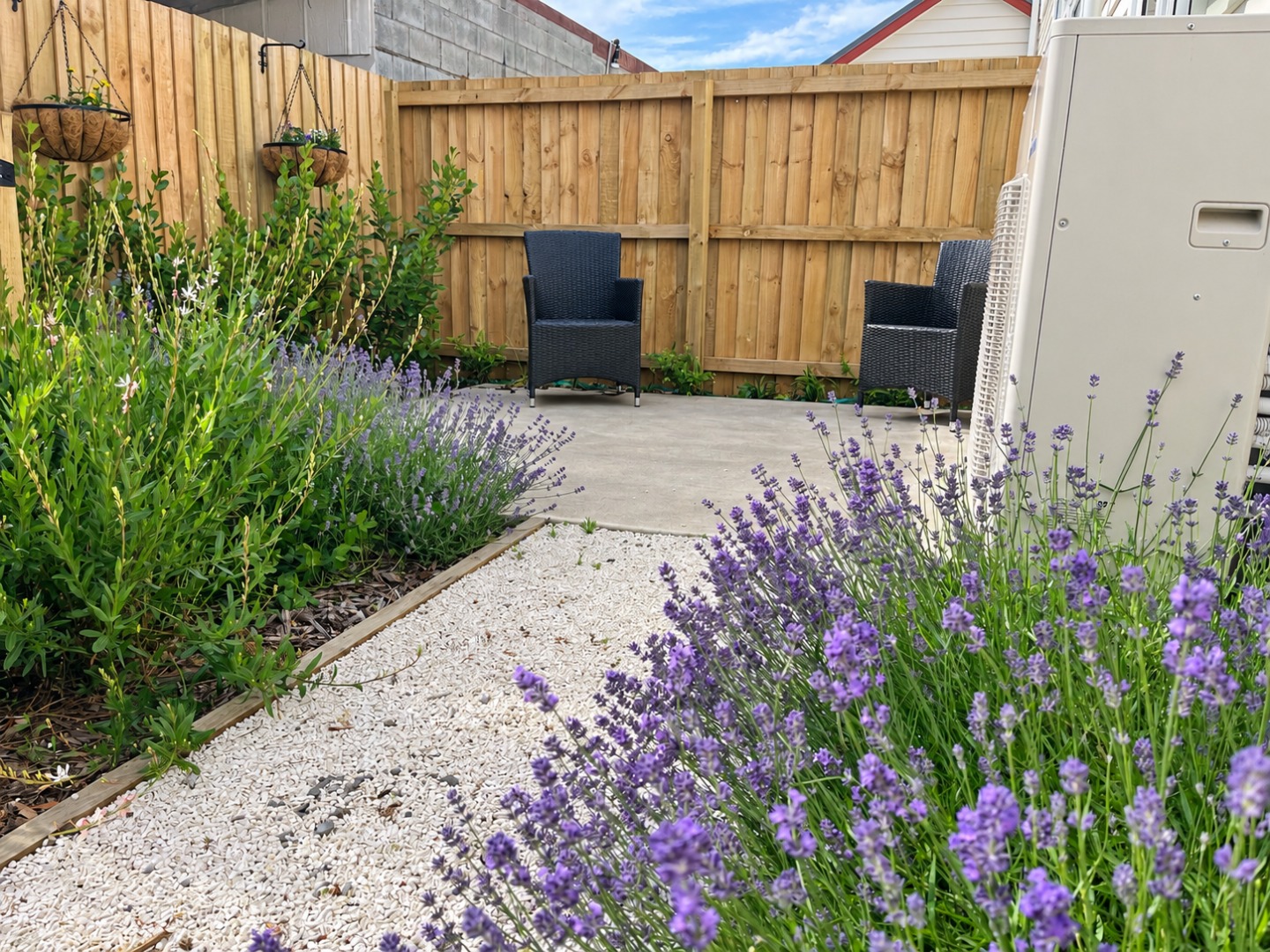 Sunlit Courtyard with Lavender and Seating